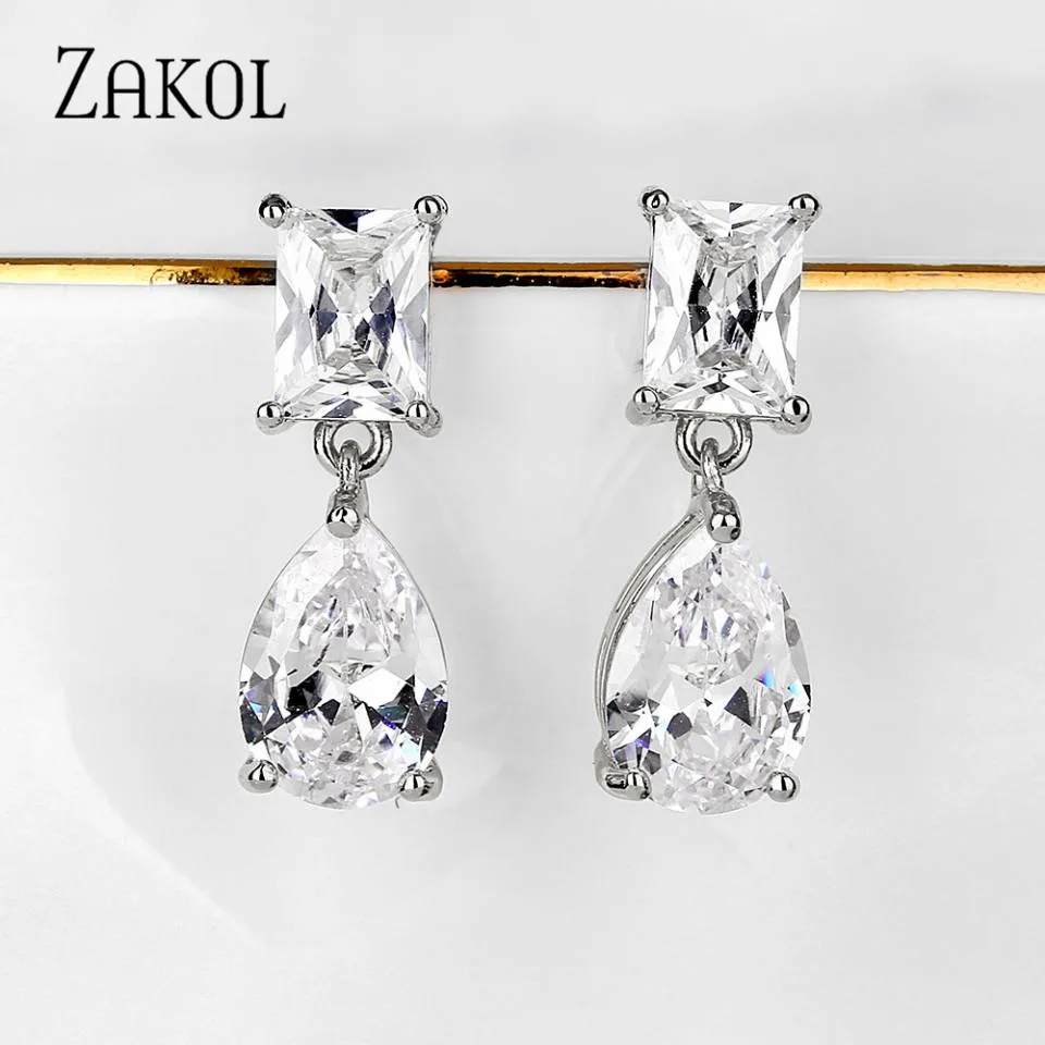 ZAKOL Fashion Square Water Drop Cubic Zircon Dangle Earrings For Women Luxury Bridal Wedding Party Jewelry