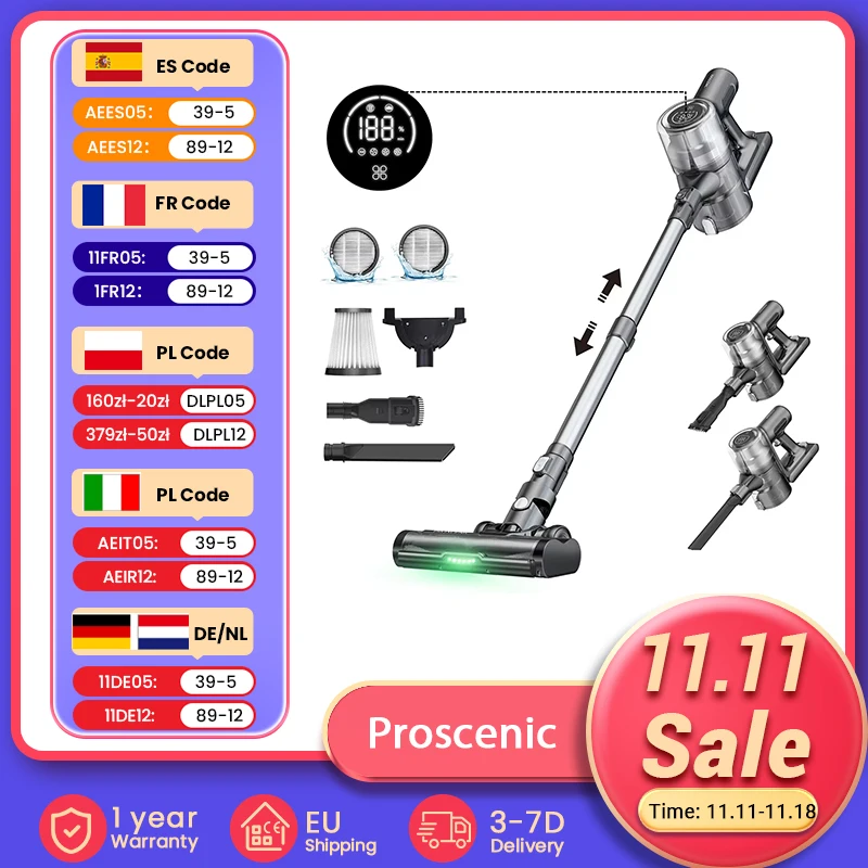 Proscenic P13 Cordless Vacuum Cleaner 35Kpa Suction, Stick Vacuum with Green Light, Max 45mins Runtime, Anti-tangle Roller Brush