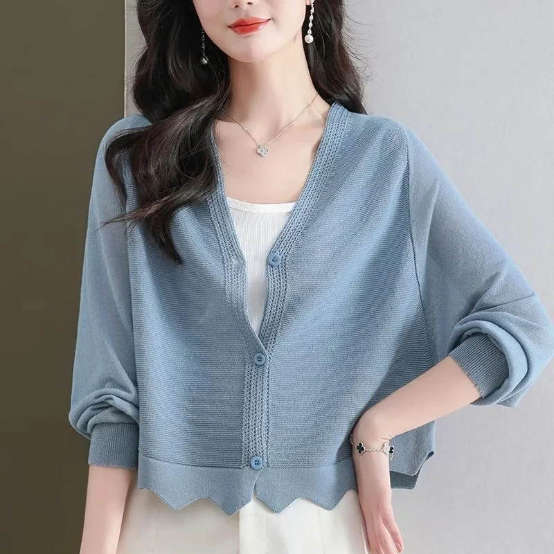 

Fashion Women's Knitted Thin Cardigan Jacket Spring Summer Autumn New Bat Shawl Sun Protection Coat Female Outerwear Top