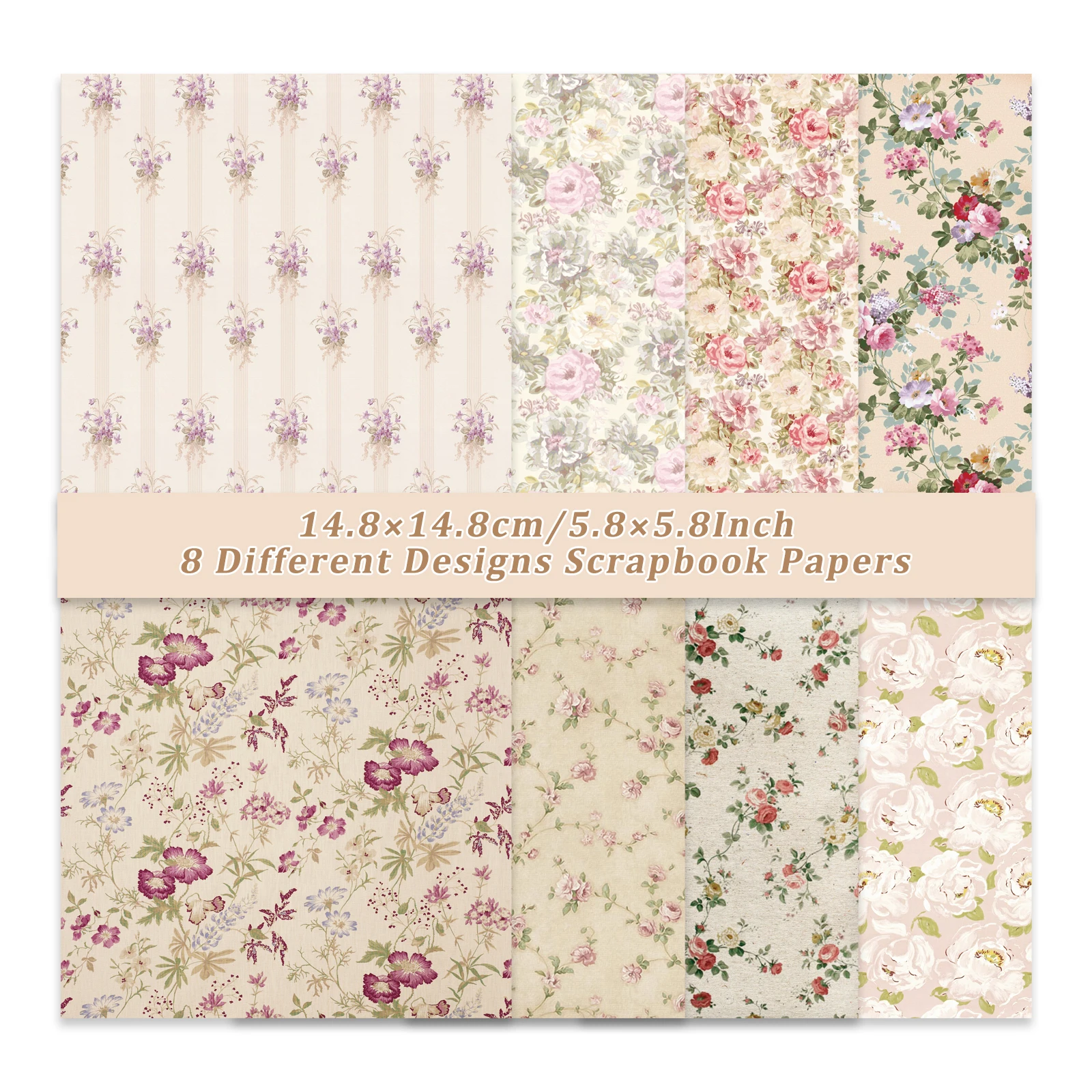 8 hojas de papel para álbum de recortes con tema Floral Vintage para manualidades DIY, envoltura de regalos, diario basura, álbum de fotos, suministros para álbum de recortes