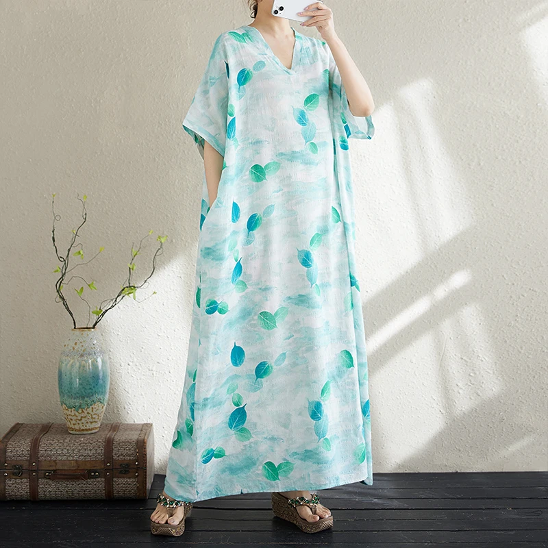 

Elegant plus Size Cotton Linen Dress Summer New Arrival Thin V-Neck Loose Midi Skirt Fashionable Retro Style Commute Wear
