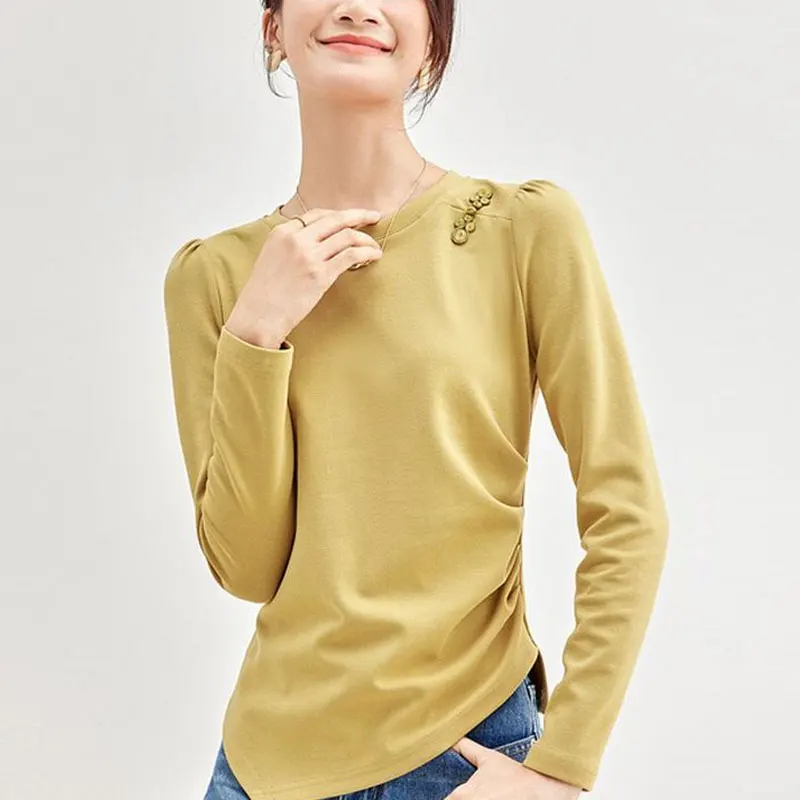 

Irregular Stylish Slim Pullovers Spring Autumn Long Sleeve Women's Clothing Basic Solid Color Casual Folds Asymmetrical T-shirt