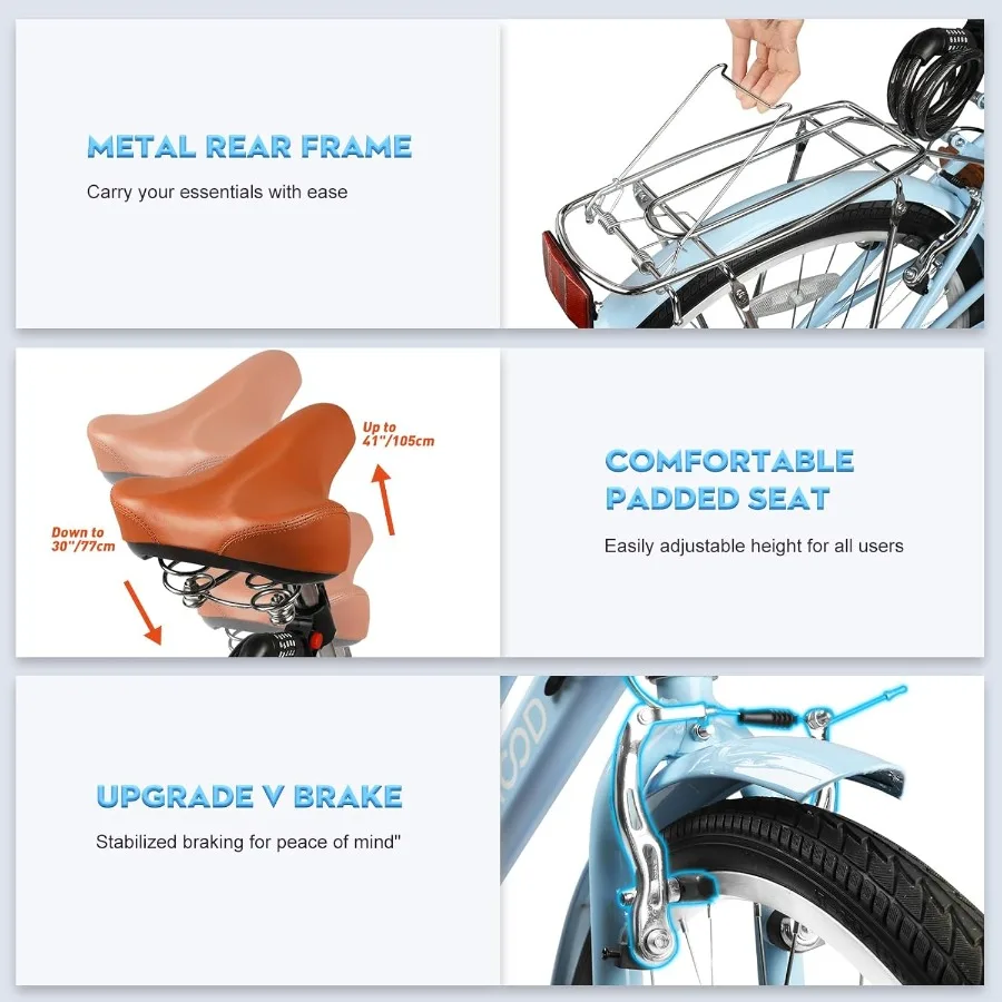 Vélo de plage pliant de 26 pouces pour femme avec système d'engrenage à 7 vitesses, comprend un panier de rangement et un support arrière, idéal pour les commandes urbaines