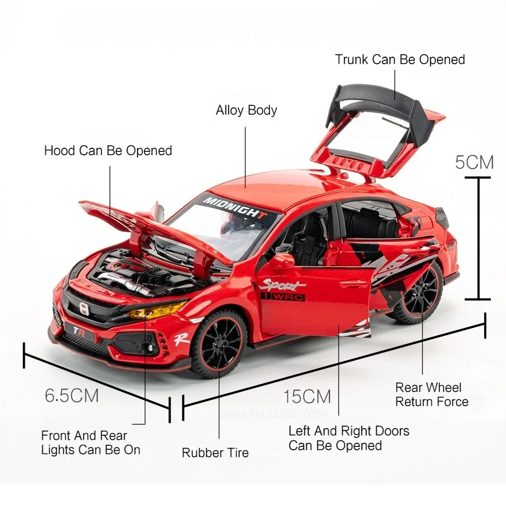 1/32 CIVIC TYPE-R Car Model Toys Diecast Alloy Vehicle 6 Doors Opened Sound Light Pull Back Metal Body Rubber Tire Toy Kids Gift