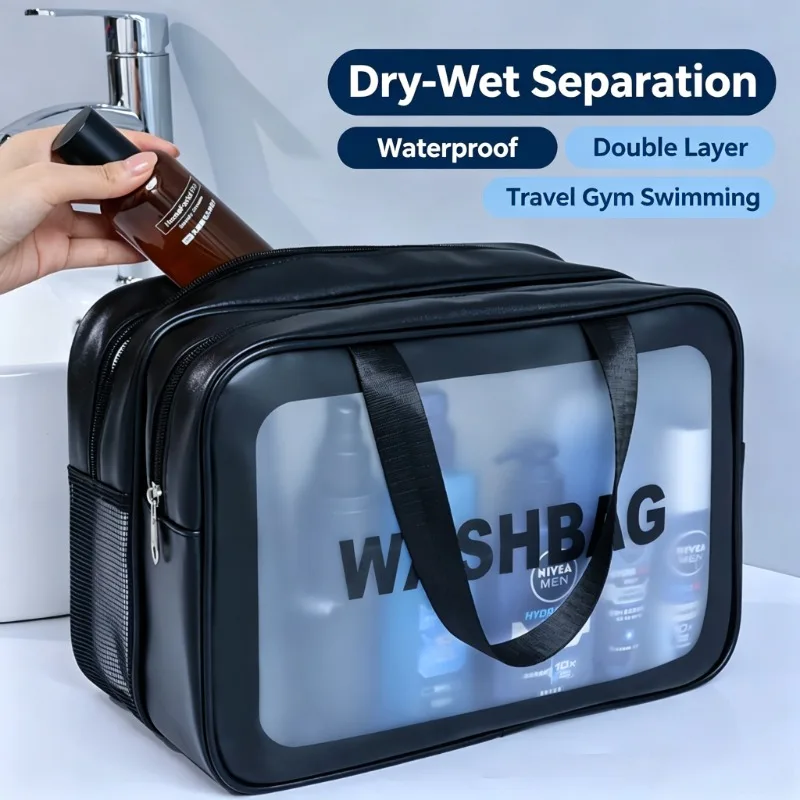 Doppelschichtige Waschtasche mit Trocken-Nass-Trennung, transparente PU-Kulturtasche, tragbare Kosmetiktasche für Reisen, Fitnessstudio und Schwimmen – Detail 3