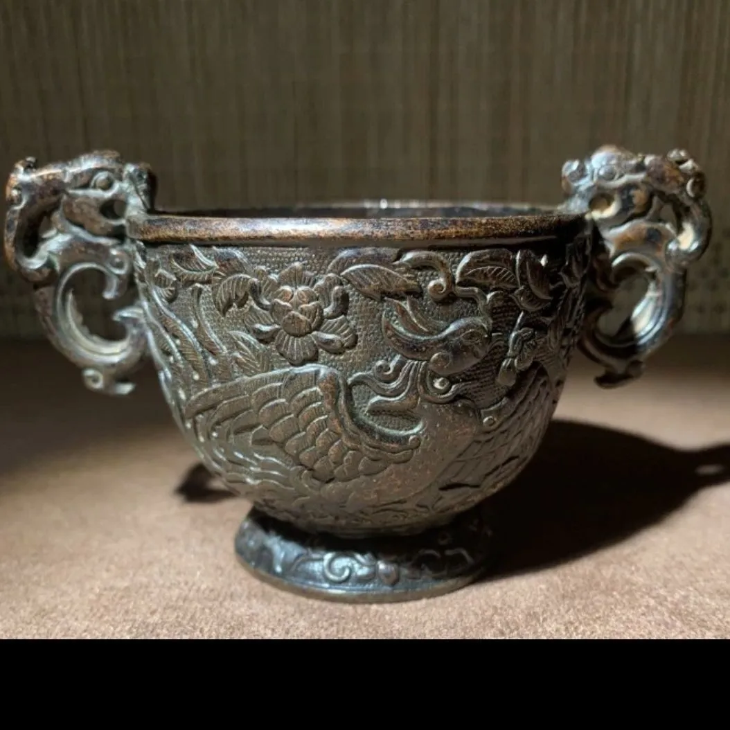

Vintage Brass Incense Burner Double Dragon Phoenix Suzaku Cup Chinese Decor