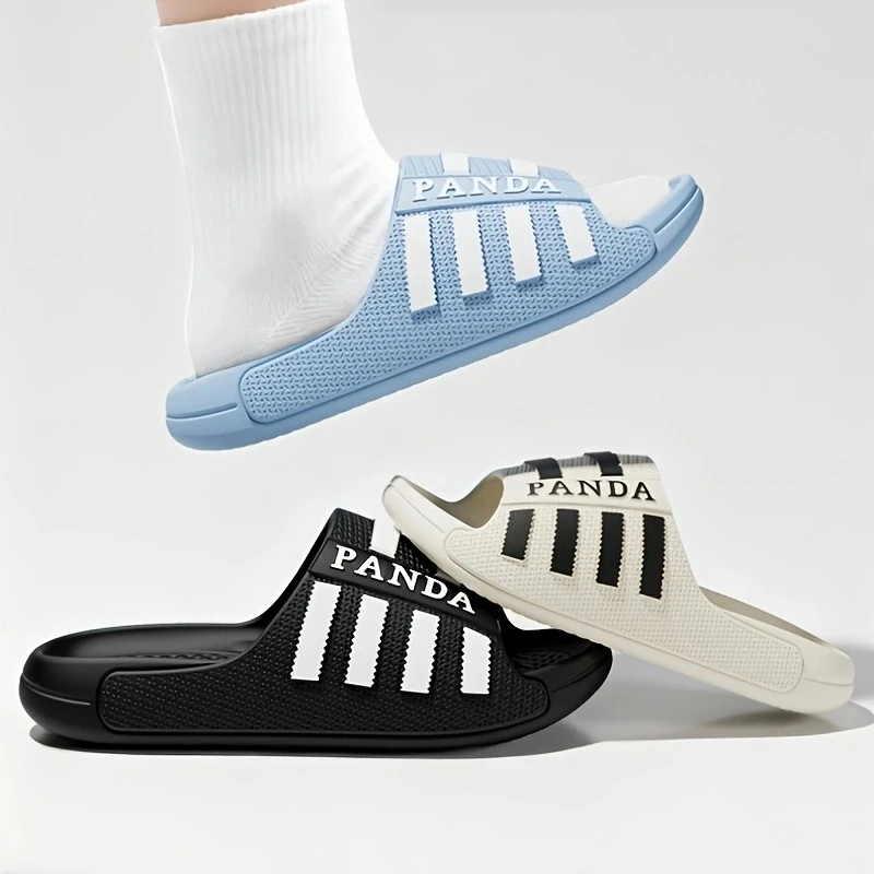 Trendy Textured Surface Striped Slide Slippers Letter Graphic Design Secure Grip Versatile Daily Shower Footwear