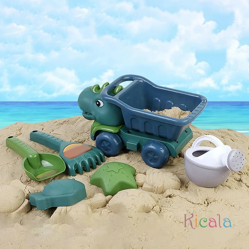 Jouets de plage dinosaure, ensemble de bac à sable, jouets d'extérieur pour creuser du sable, camion à benne basculante dinosaure avec pelle, râteau, arrosoir et moules à sable