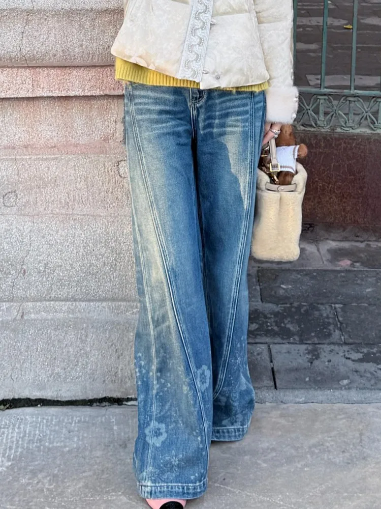 Office Ladies Designer Printed Vintage High Waist Loose Fit Spliced Denim Pants Streetwear Fashion Elegant Women Wide Leg Jeans