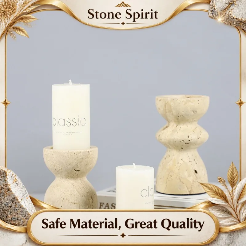 Wabi Sabi Natural Yellow Travertine Candle Holder, Minimalist Semi-Circle Decor for Restaurant Hotel Show Flat, Home Decoration