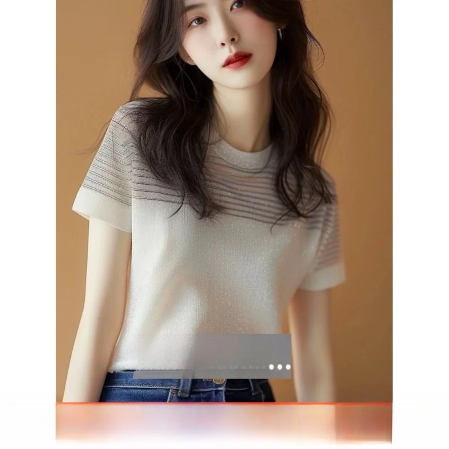 iny Tead Splice Stripe ort Sve Damen T-Shirt Oberbekleidung Schlankheitseffekt High-End europäisches Design Guangzhou Dreizehn...