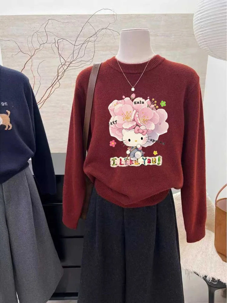 

Праздничный винно-красный вязаный свитер для женщин: универсальный теплый топ с круглым вырезом и длинными рукавами, модный, омолаживающий, для молодых женщин