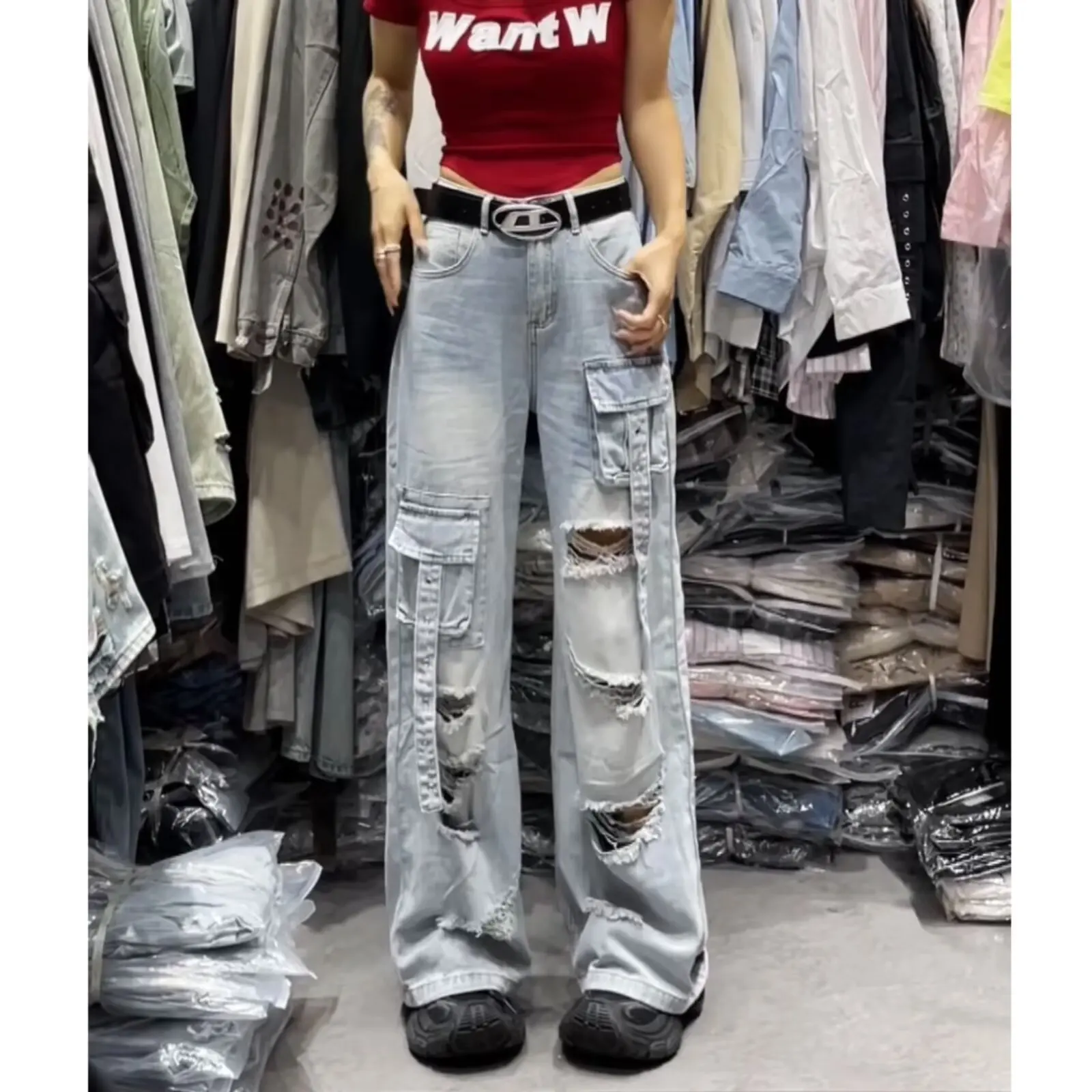 

Streetwear Ripped Y2k 2000s Punk Pockets Baggy Jeans Women Blue Girl Denim Trousers Cargo Pants Vintage Woman Clothing Clothes