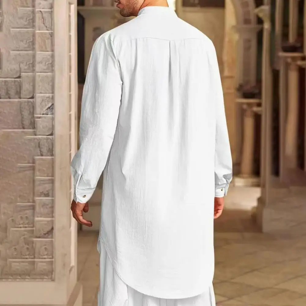 Robe en coton et lin pour hommes, caftan à manches longues, col rond, couleur unie, col boutonné, Thobe respirant, vêtements arabes pour les prières