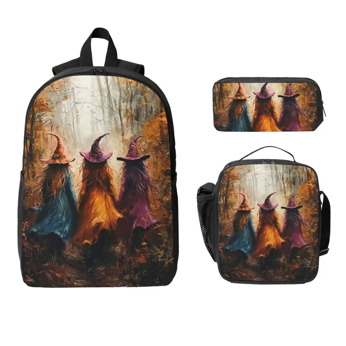 Autumn Forest Witches And Broomsticks Backpack Student BookBag School Bag Computer Shoulder Bags 3ps Lunch Bag Pencil Case