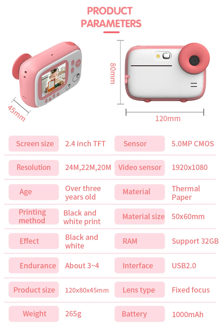 كاميرا الأطفال الطباعة في الوقت الحقيقي مرة واحدة التصوير ورق حراري بدون حبر كاميرا الطباعة باللونين الأبيض والأسود مع ورق الطباعة