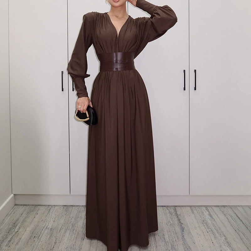 Elegante simples comute vestido longo 2025 outono inverno novo vestido feminino vintage lazer cintura alta plissado puff manga vestido de festa