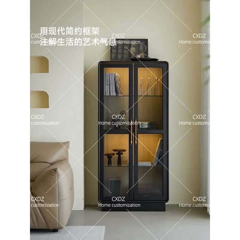 solid wood floor-to-ceiling bookcase, locker integrated living room, household wall storage, black wine cabinet