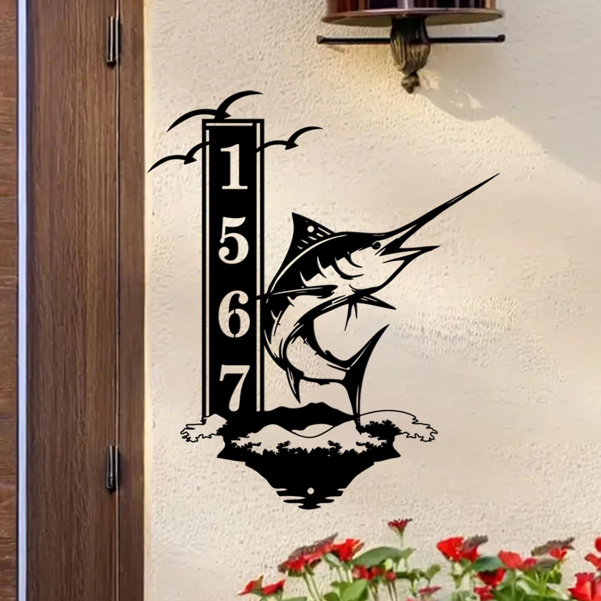 Custom Personalized Metal Marlin Salt Water Big Game Fishing Seagulls Vacation Home Address Welcome Outdoor Art Decor Beach