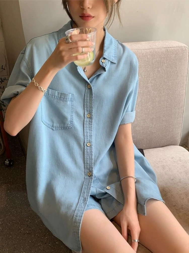 Loose Casual Women Summer Short Sleeve Denim Shirt And Shorts Set Thin Lightweight Youthful Fashionable Two Piece Trendy Outfit