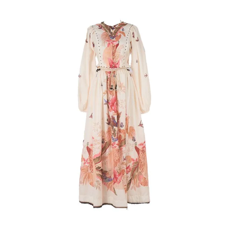  Floral Print Lantern Sve ort Top Skirt Set French Sle Polyester Fabric Fly Sve Gathered Hemline Ladies Dr