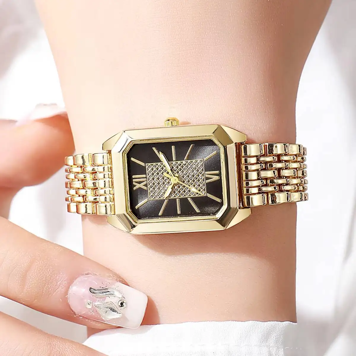 Light Luxury Steel Band Women's Watch, Needle for Female Students, Fashionable and Simple Square Quartz Wristwatch