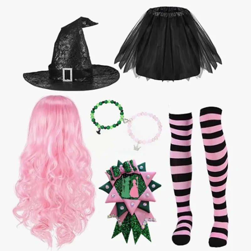 Movie Wicked Elphaba Glinda Cosplay Costume Tutu Skirt Witches Hat Badge Wig Sets Women Halloween Carnival Party Accessories