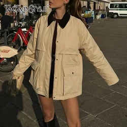TWOTWINSTYLE Hit Color Spliced Pockets Loose Jackets For Women Lapel Long Sleeve Minimalist Temperament Chic Coats Female New