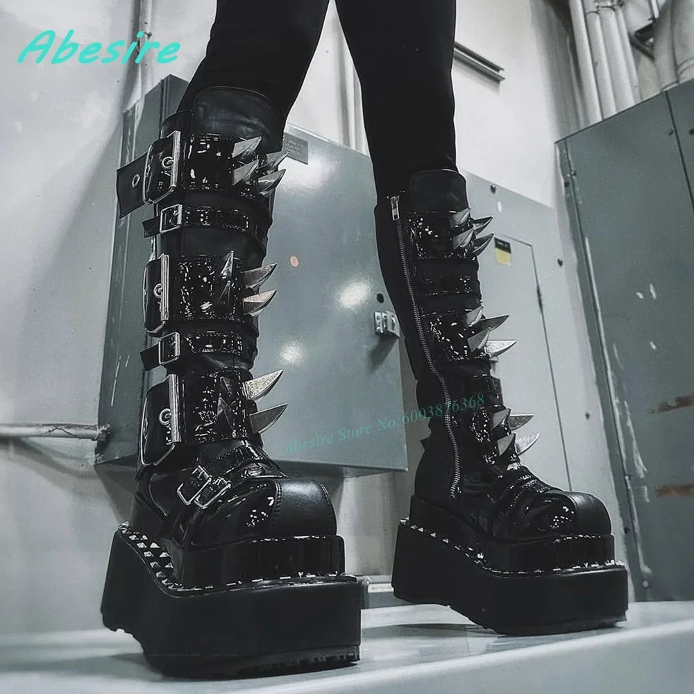 Multi-Buckles Knee High Boots Patent-Leather Patchwork Round Toe Thick Sole Zipper Shoes for Women Lolita Punk Rock Goth Shoes - view 3
