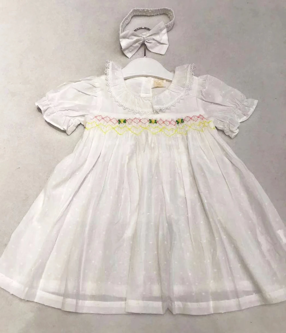 Infant Baby Girls Floral Smocked Dress 2024 Summer 1 2 3 Years Toddler Kids Vintage Embroidery Dresses With Headband