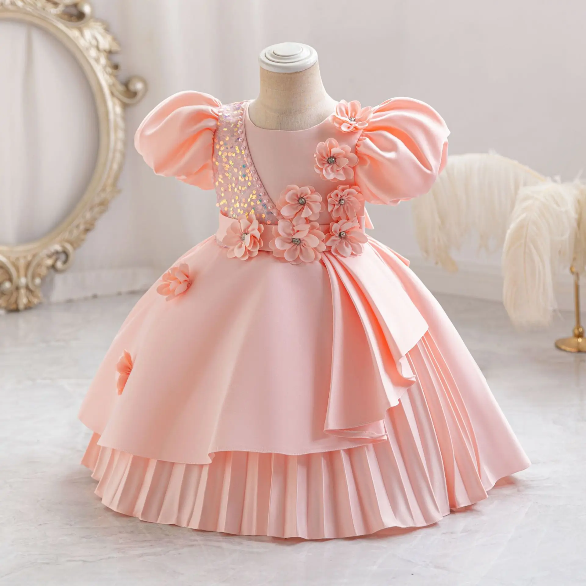 HETISO Flower Appliques Wedding Birthday Dresses For Girls Satin Sequined Christening Party Gown Kids Child Pageant Clothes 3-10