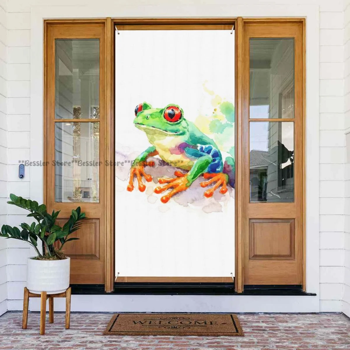 Couplet Party Porch Decoration Watercolor Red-eyed Green Tree Frog Door Cover Banner Hanging Flag Home Decor