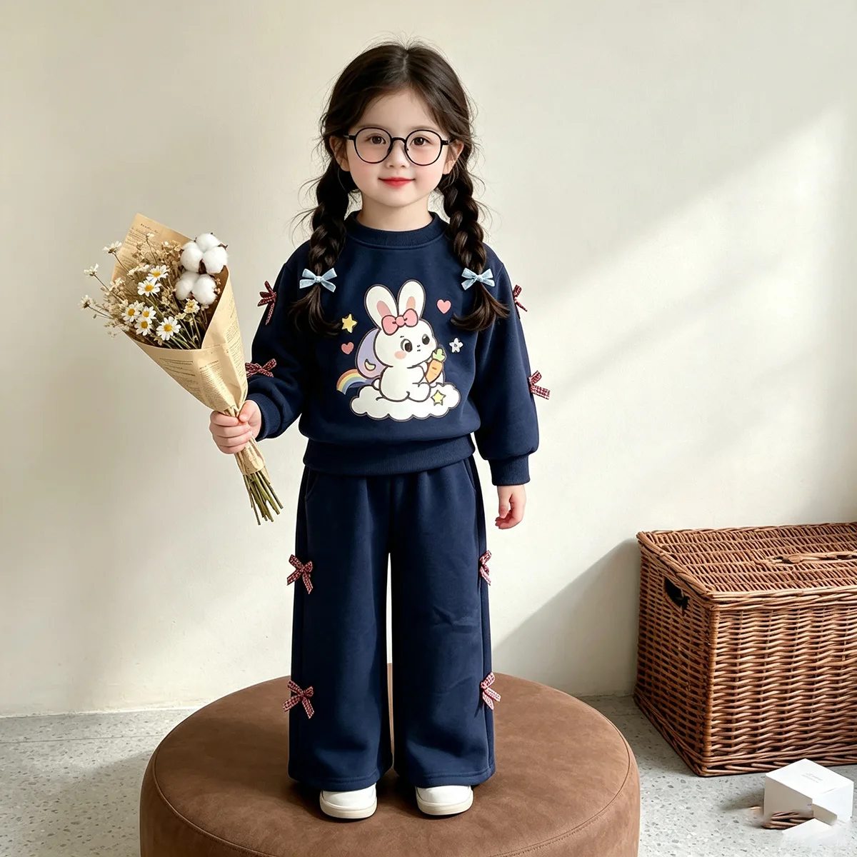 Mädchen Cartoon-Häschen-Sweatshirt & Weitbein-Hosen-Set – 2-teiliges Outfit im koreanischen Stil für ältere Kinder, Frühling Herbst Casual – Detail 2