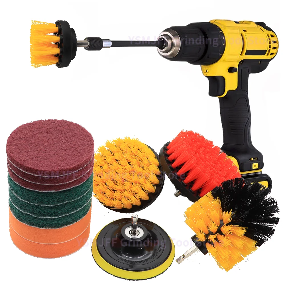 14 PCS Drill Brush Attachment Set Drill Clean Brush With Scouring Sponges Pads Electric Car Detailing Brush Set for Bathroom