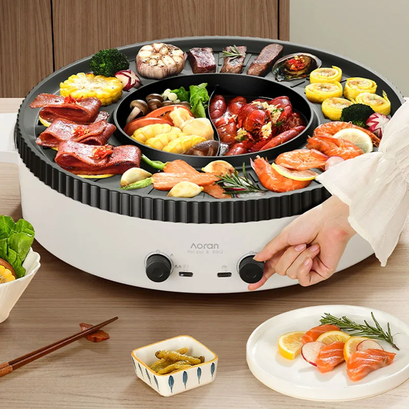 Food Divided Hot Pot Bbq Double Lamb Thickened Multifunction Hot Pot Barbecue Electric Round Non-stick Fondue Chinoise Cookware