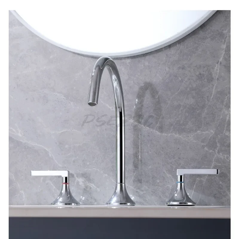 Three Hole Split Face Basin Faucet Fully Copper Chrome Plated Bathroom Washbasin Bend Faucet Hot and Cold Dual Control image 3