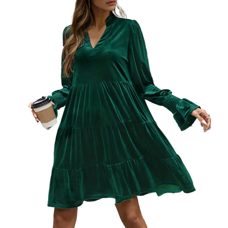 

Autumn Winter Solid Color Velvet Dresses Women Long Sleeve V-neck Folds Loose Mini Dress Female Temperament Commuting Vestidos
