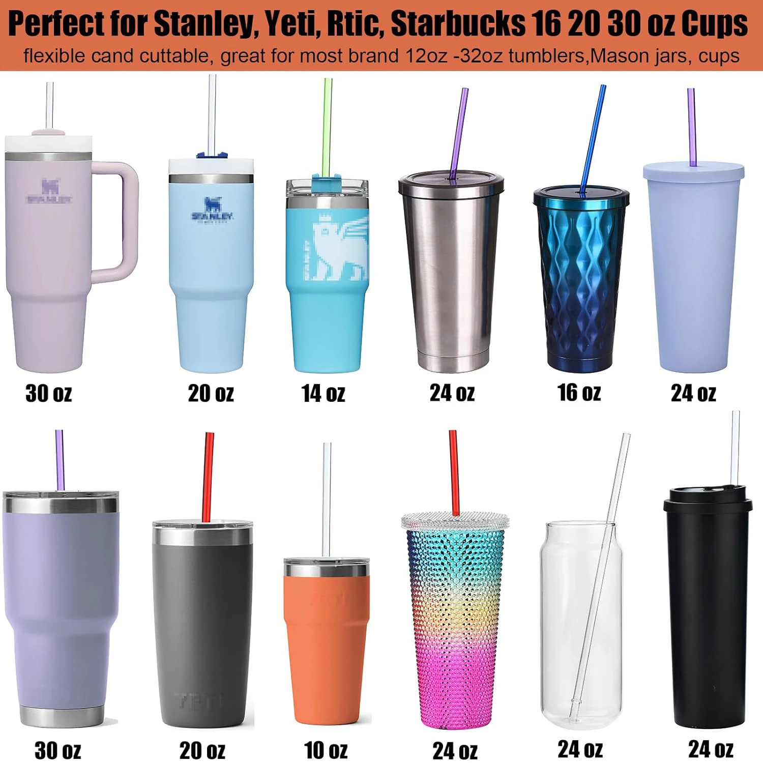 10.5 in Rainbow Colored Reusable Tritan Plastic Replacement Straws for 16 OZ 20 OZ 30 OZ Stanley, Set of 10 with Cleaning Brush - view 5