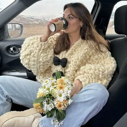 Handmade Bow Cardigan Sweater Women 2024 Autumn And Winter Long Sleeve Loose Coats Sweaters Street Fashion Knitted Outerwear