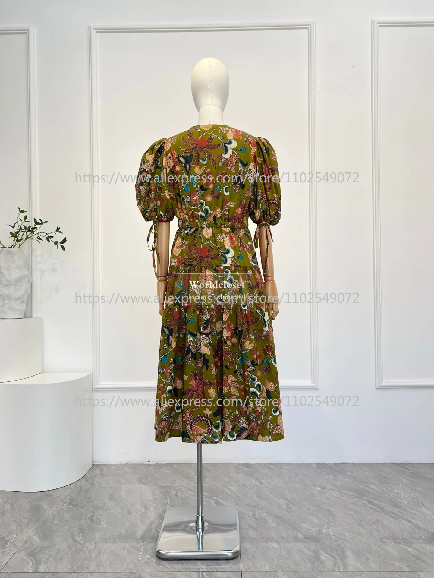 

Top Quality 2026 New Collection Cotton Green Floral Print Half Sleeve Women Midi Dress