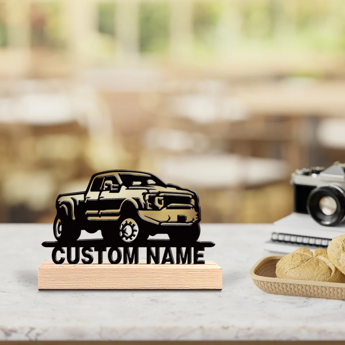 1pc Beauty Personalized Custom Pickup truck Metal Art With Wooden Base Tabletop Decoration Astronomy Gift with Wooden Base, Ide