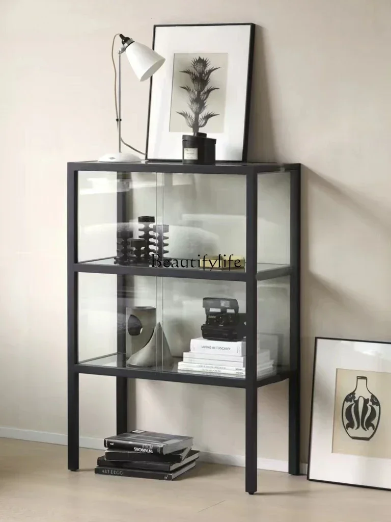 

D06Nordic Bookcase Ash Wood Glass Display Camera Collection Showcase Home