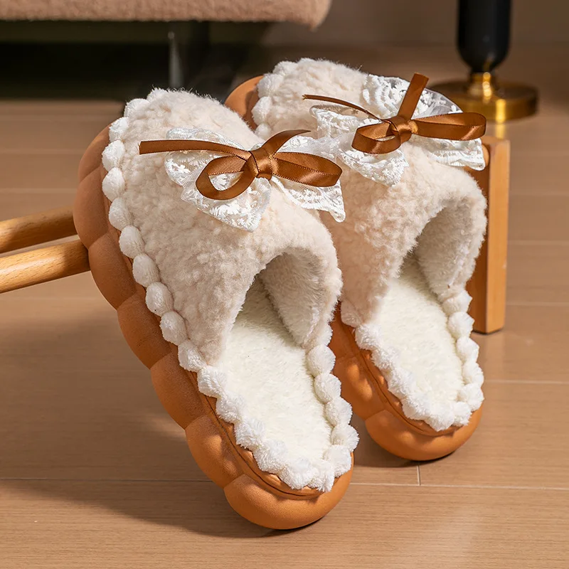 Sweet Bowknot Fuzzy Slippers for Women Lace Trim Decor Pink Plush Fleece Thick Platform Anti‑Slip Cozy Home Shoes