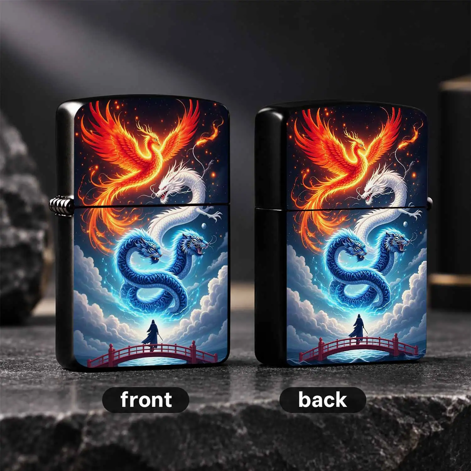 Portable Lighter, Fantasy Phoenix White Dragon Dual Azure Serpents Pattern, Stylishauspicious Myth Themed Decor, Ideal For Daily Use Outdoor Camping Gifting, Artistic Unique Souvenir Accessory For All Scenarios A Humorous And Interesting Li