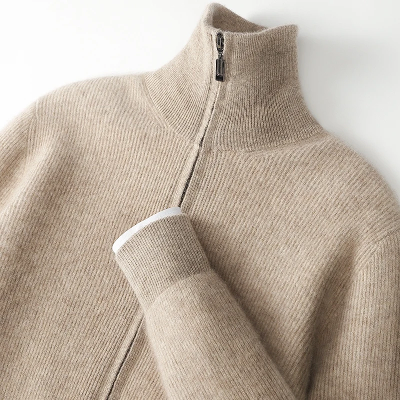 100% Pure Wool Cardigan Men's Semi-High Collar Business Padded Zipper Leisure Knitted Sweater Coat