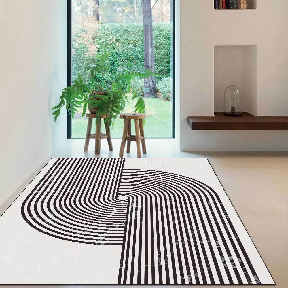 

Modern Minimalist Black and White Geometric Lines Imitation Cashmere Living Room Bedroom Bedside Carpet Floor Mat