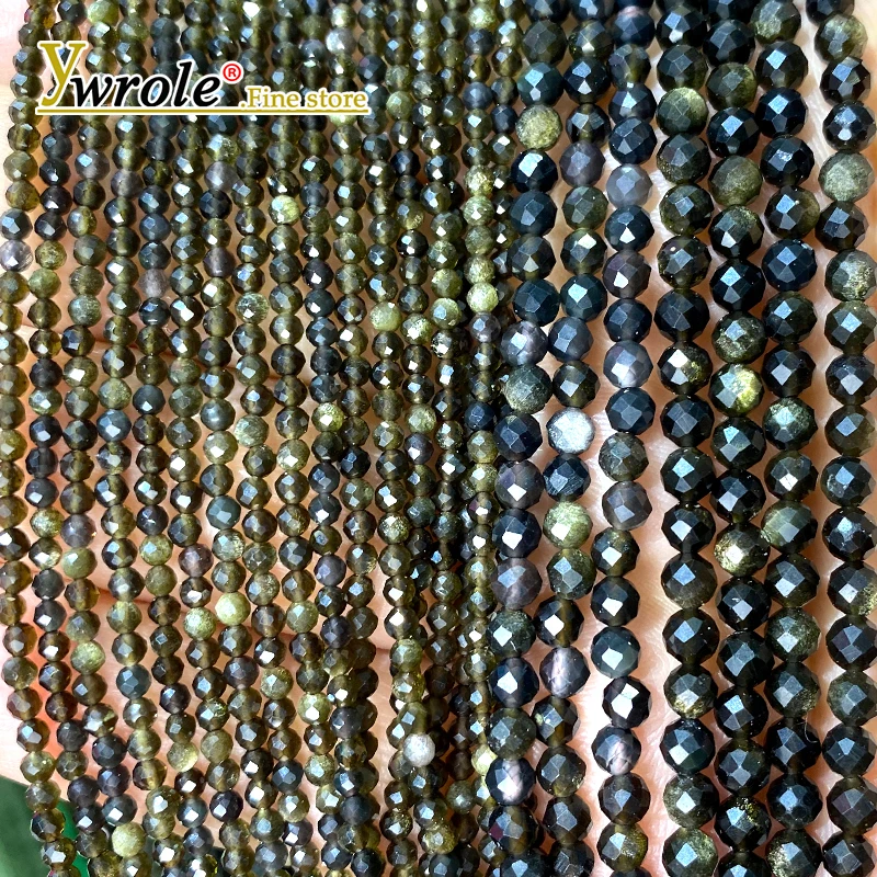 2/3/4MM Faceted Natural Stone Golden Obsidian Round Loose Spacer Beads for Jewelry Making DIY Bracelet Charms Accessories 15''