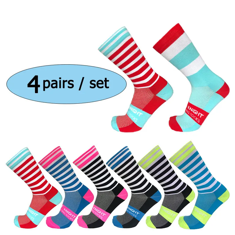 4 Pairs of Colorful Striped Men's and Women's Cycling Socks for Outdoor Road Running Professional Competition Sports Socks