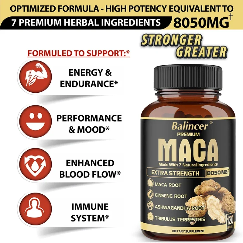 Maca Capsules 7 Natural Ingredients, High Strength and Potency 8050mg Supports Energy and Endurance