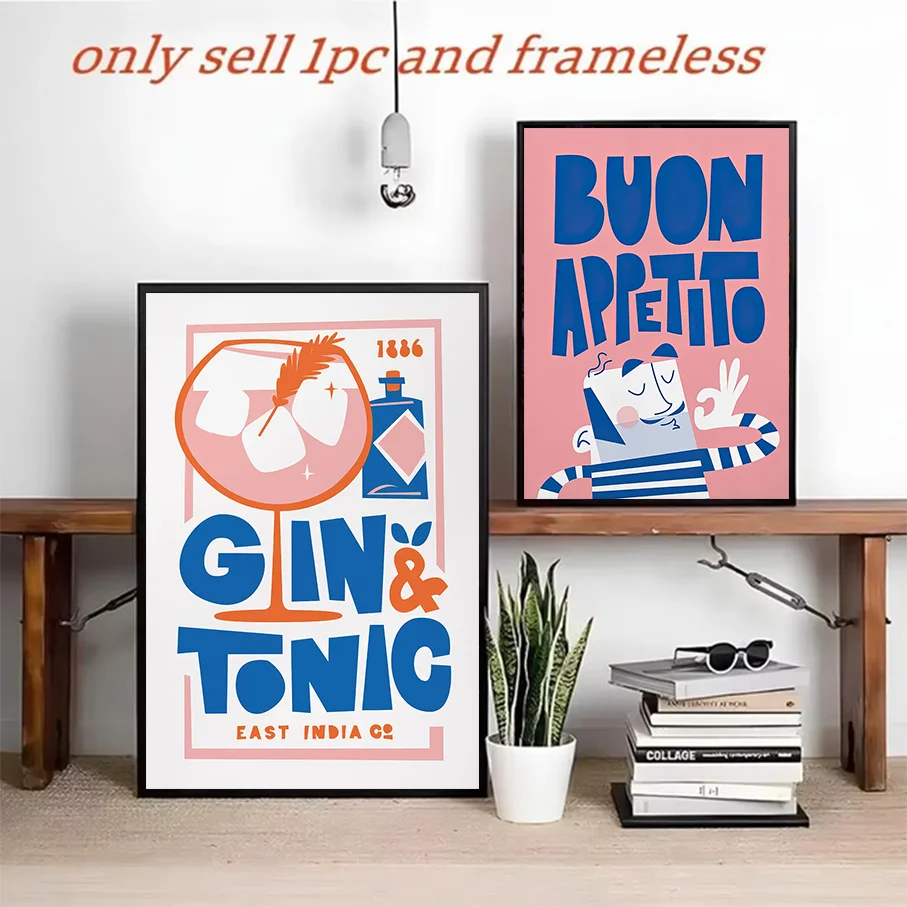 Frameless Canvas Print Wall Art Retro Gin Tonic Buon Appetito Cartoon Cat Typography Poster Home Decor